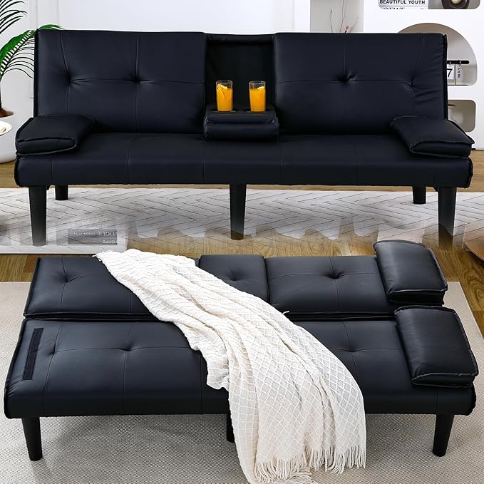 Convertible Folding Futon Sofa Bed Sleeper Couch for Living Room Modern Faux Leather Upholstered Loveseat w/Removable Armrests Metal Legs 2 CupHolders Love Seat Sofa Bed for Small Spaces (Black i)