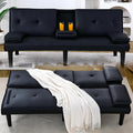Convertible Folding Futon Sofa Bed Sleeper Couch for Living Room Modern Faux Leather Upholstered Loveseat w/Removable Armrests Metal Legs 2 CupHolders Love Seat Sofa Bed for Small Spaces (Black i)