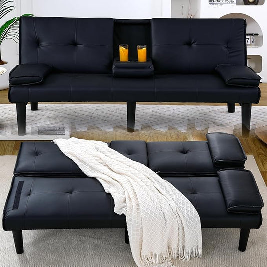 Convertible Folding Futon Sofa Bed Sleeper Couch for Living Room Modern Faux Leather Upholstered Loveseat w/Removable Armrests Metal Legs 2 CupHolders Love Seat Sofa Bed for Small Spaces (Black i)