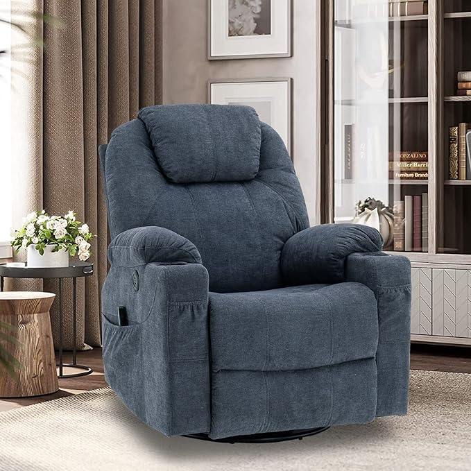 VIVIJASON Manual Massage Rocker Recliner Chair 360° Swivel Glider Lounge Chair with Heat Ergonomic Home Theater Recliner Sofa with 2 Cup Holders Side Pockets &amp USB Ports for Living Room Bluish
