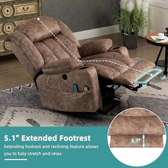 MEETWARM Large Power Lift Electric Recliner Chair with Extended Footrest for Big Tall Man Overstuffed Wide Recliner with Heat and Massage 2 Remote Controls/4 Side Pockets/USB Ports(Plush-Brown)
