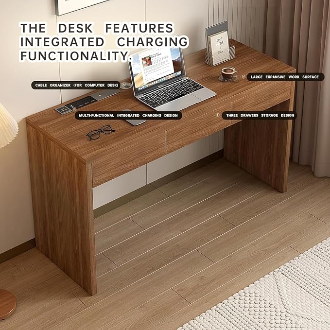 Executive Desk with Drawers Computer Desk with Drawers with Pre-Embedded Slots 55 inch Modern Walnut Home Office Desk with Charging Station for Study Living Room Bedroom