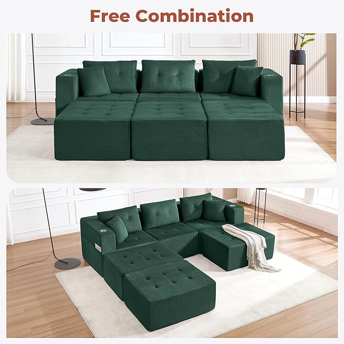 100 Modular Sectional Sofa Bed Oversized 6-Seater Boneless Tufted Cloud Sleeper Couch with Cup Holder and Movable Ottoman Corduroy Upholstery Couches for Living Room No Assembly Green