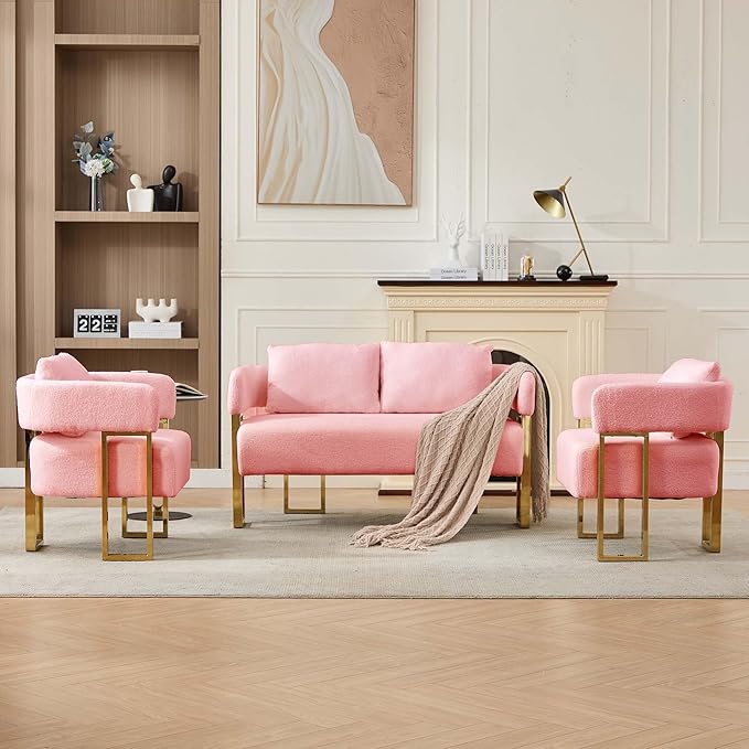 Teddy Fabric Accent Chair Modern Side Chair with Gold Metal Legs 51 Inch Wide Upholstered Loveseat for Living Room Dressing Area Office (Pink)
