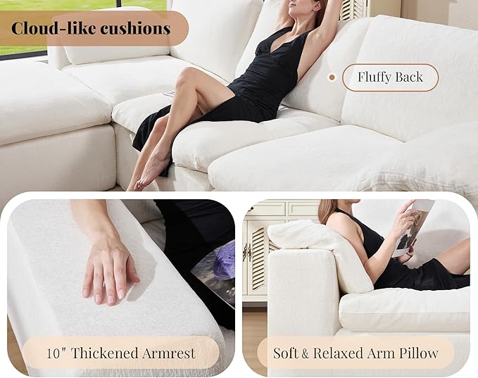 Jocisland 130 Cloud Modular Sectional Sofa No-Assembly Oversized Chenille Couch with 83.5 Extra-Deep Chaise Modern White Cloud Couch for Living Room