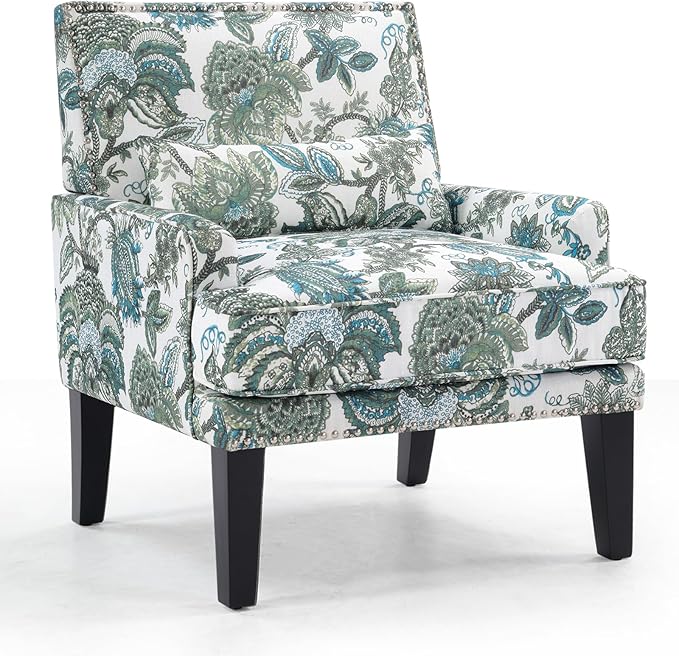 ANJ Floral Accent Chair with Lumbar PillowUpholstered Wingback Reading Armchair with Nailhead Trim Mid-Century Single Sofa Chair for Living Room Bedroom Green Floral