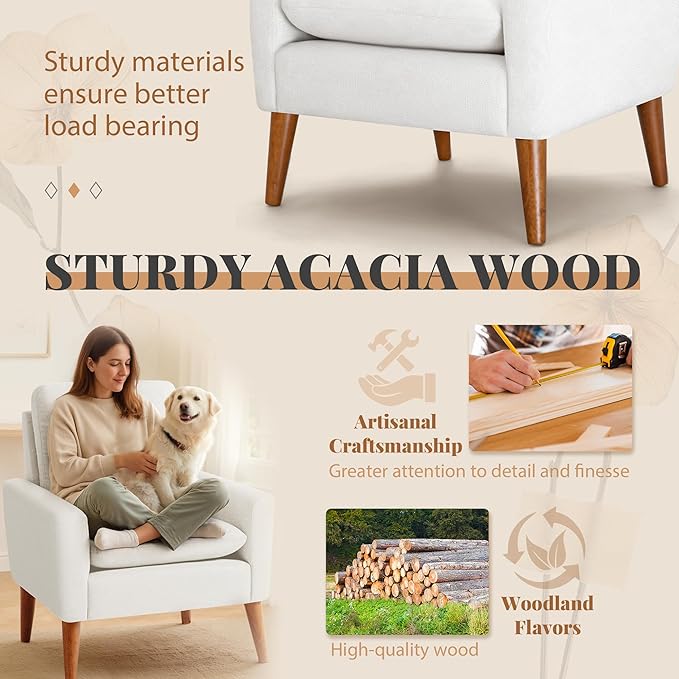Furmax Accent Chair Mid-Century Modern Upholstered Armchair Comfy Reading Sofa Chair for Living Room Bedroom Apartment White