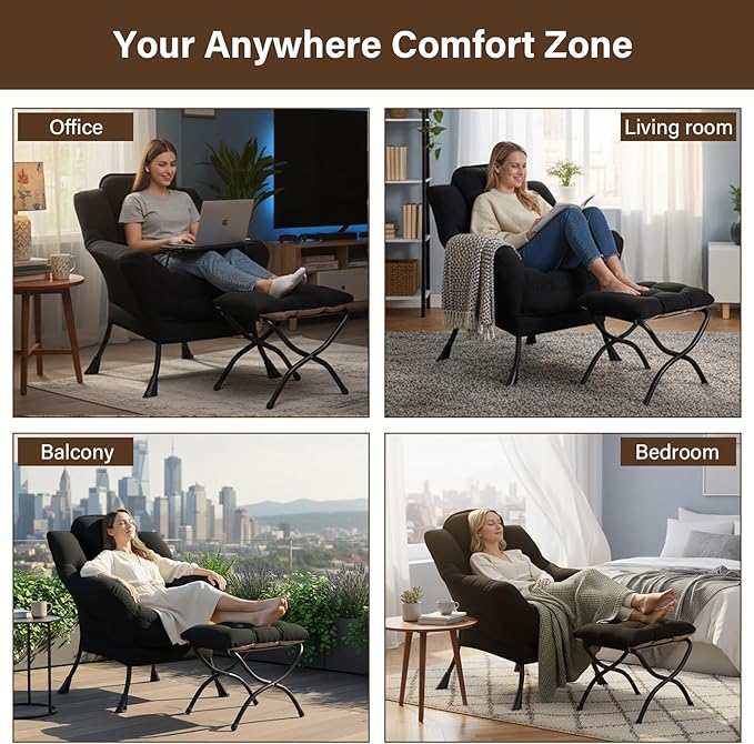 Welnow Lazy Chair with Ottoman Modern Accent Chair with Armrests and a Side Pocket Leisure Sofa Armchair Set Reading Armchair with Footrest for Small Space Black