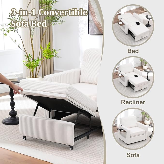 3 in 1 Folding Convertible Sleeper Sofa Bed Pull Out Couch with Side Pockets USB Port Side Table Single Sofa Bed with Adjustable Backrest for Living Room Bedroom 66 Beige 1 SEAT