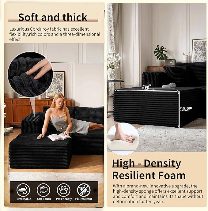 110” No Assembly Compression Boneless in a Box Cloud Sectional Couches for Living Room L-Shape Couch Compressed Sofa Modern Modular Plush Corduroy Reclining Comfy Fluffy Memory Foam Furniture Black