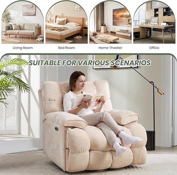 Oversized Rocker Recliner Chair 42” Power Swivel Recliner for Living Room Overstuffed Extra Wide Rocking Recliners with Breathable Soft Fabric Up to 400lbs(Power Beige)