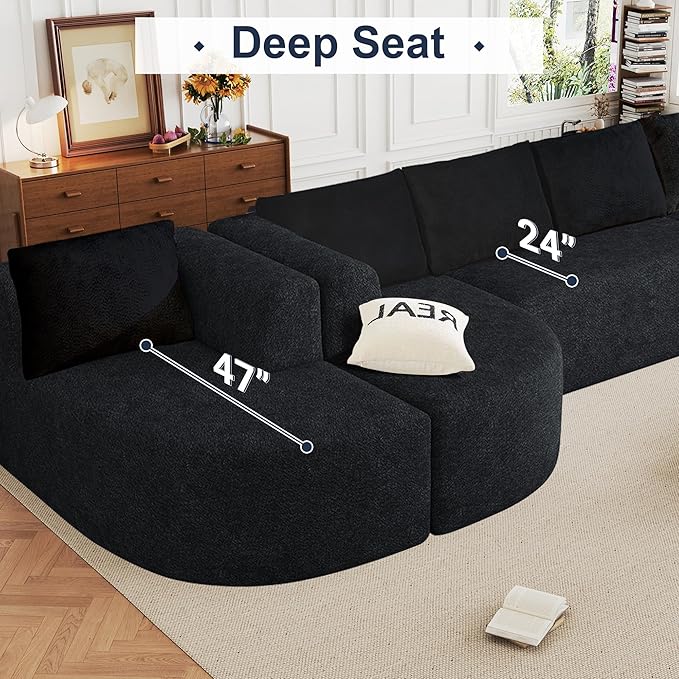 144 Oversized Sectional Sofa with Chaise Lounge Boneless Couches for Living Room Modern Luxury Chenille 5-Seater Sofa Deep Seat U-Shape Curved Cloud Couch No Assembly Required (Black)