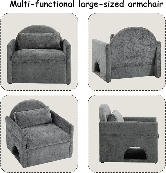Single Sofa ChairModern Chenille ArmchairLounge Chair with Cat DedGray Chairs for Living Room BedroomRemovable Washable Covers