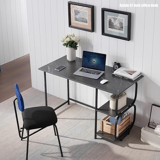 Anivia Gaming Computer Desk Small Home Office Desk with 2 Storage Shelves 47 Writing Desks Industrial Simple Style Wood Table Metal Frame for PC Laptop Notebook（Black） (47-B)