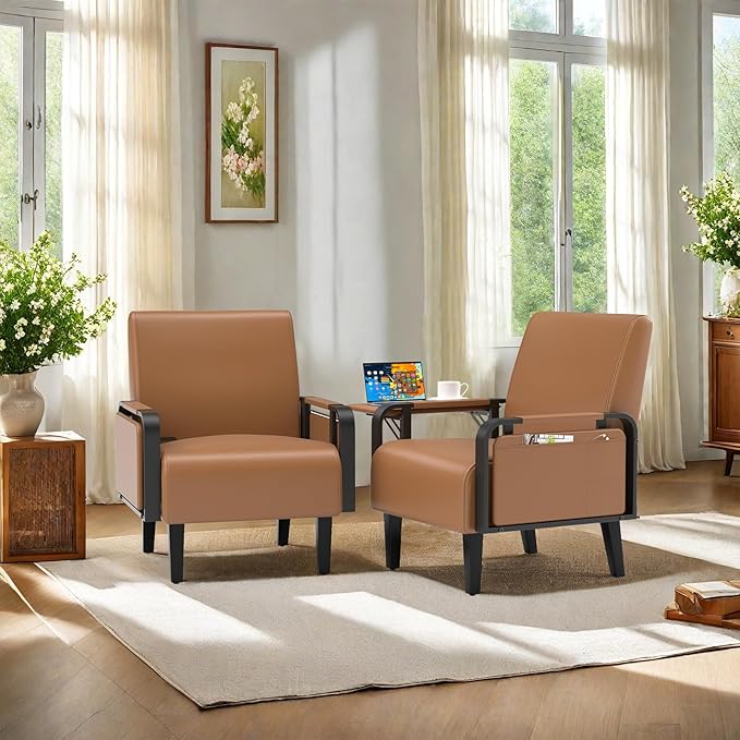 Modern Accent Chair Mid Century Living Room Armchair with Side Table &amp Wood LegsUpholstered Faux Leather Sofa Side Chairs for Reading OfficeBedroom(Brown)