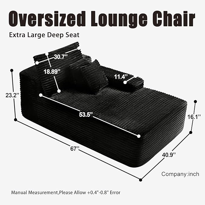 67'' Oversized Boneless Cloud Chaise Lounge Corduroy Chair Plush Black Sofa BedCouches Living Room No Assembly (Right).