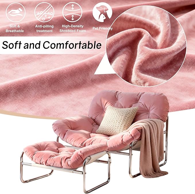 YOXIFOC Modern Style Recliner Armchair with Footrest Multifunctional Leisure Chair with Thickened Cushion and Phone Holder Suitable for Bedroom/Living Room Reading Chair/Garden/Patio (Pink)
