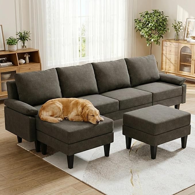 4-Seat U-Shaped Modular Sofa with Double Storage Ottoman - Space-Saving Convertible Lounge Couch for Home &amp Office Brown Grey