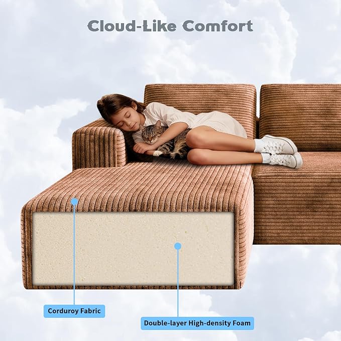 106 Corduroy Sectional Couch Boneless L Shaped Couch with Deep Seat Cloud Foam Sofa with Oversized Chaise Sectional Sofa No Assembly Needed for Living Room