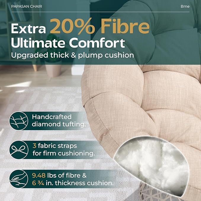 Bme 40 Ergonomic Wicker Papasan Chair with Soft Thick Cushion &amp Frame 360° Swivel Circle Reading Comfy Chair for Living Room Bedroom