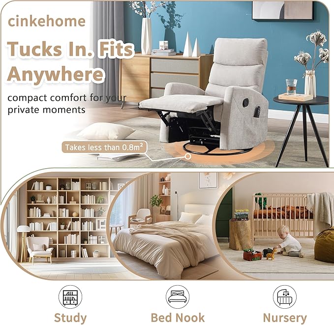 cinkehome Small Swivel Rocker Recliner Chair with Heated Massage Upholstered Nursery Glider Recliner Chair High Back Side Pocket (Beige Chenille Fabric)