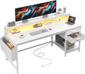 55 Gaming Desk with LED Strip Computer Desk with Drawers &amp Storage Bag Office Desks with Power Outlets &amp Monitor Stand Office Desk for Bedroom Gaming Room White