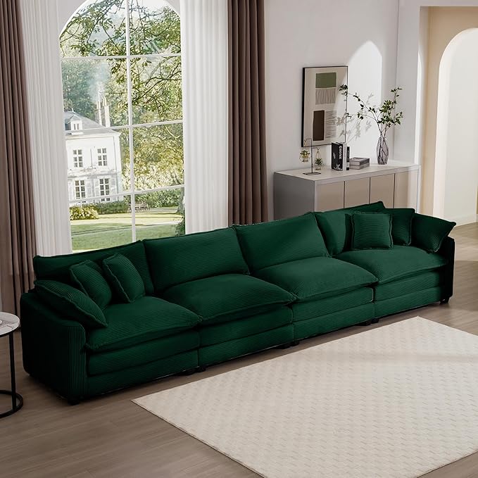 Aoowow Corduroy 4 Seater Sofa CouchModern Large Cloud Couches for Living RoomTufted Modular Sectional Cloud Sofas with Deep SeatOversized 4 Seat Sofa Set (Green 4 Seater)