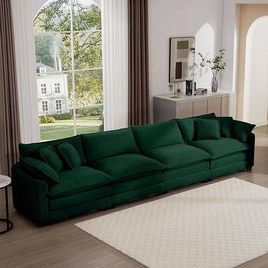 Aoowow Corduroy 4 Seater Sofa CouchModern Large Cloud Couches for Living RoomTufted Modular Sectional Cloud Sofas with Deep SeatOversized 4 Seat Sofa Set (Green 4 Seater)
