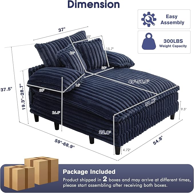 55 W Oversized Chaise Lounge Sofa Couch with 5-Position Adjustable Backrest Plush Sleeper Chair Sofa Bed Reading Chair ‌with Deep Seat Cloud Couches for Living Room Bedroom Blue