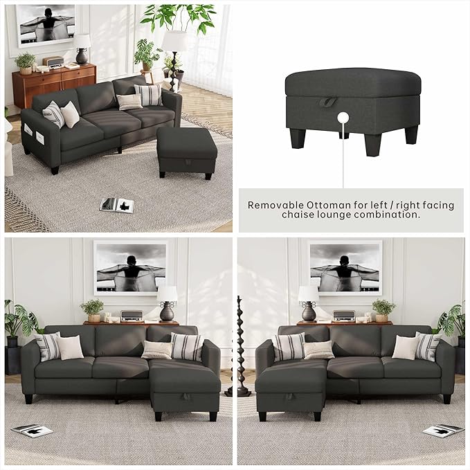 Small Sectional Sofa Couch L Shaped Sectional Grey Couch in a Box Small Couches with Ottoman 3 Seater Sofa for Living Room Apartment Dorm Office