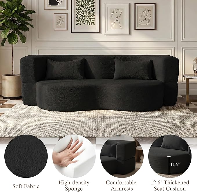 Convertible Sofa Bed 78'' Queen Size Folding Sleeper Sofa with Pillow 2-in-1 Teddy Fabric Boneless Loveseat Floor Couch &amp Mattress for Living Room Guest Room No Assembly Required (Black)