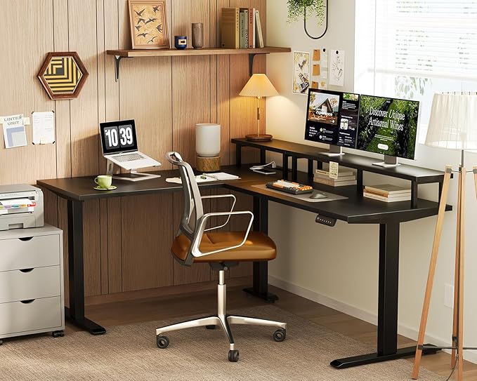 AODK Electric L Shaped Standing Desk with Monitor Stand 59 Inch Height Adjustable Corner Desk with Power Outlets Large Sit Stand Table Reversible Computer Desk for Home Office Black