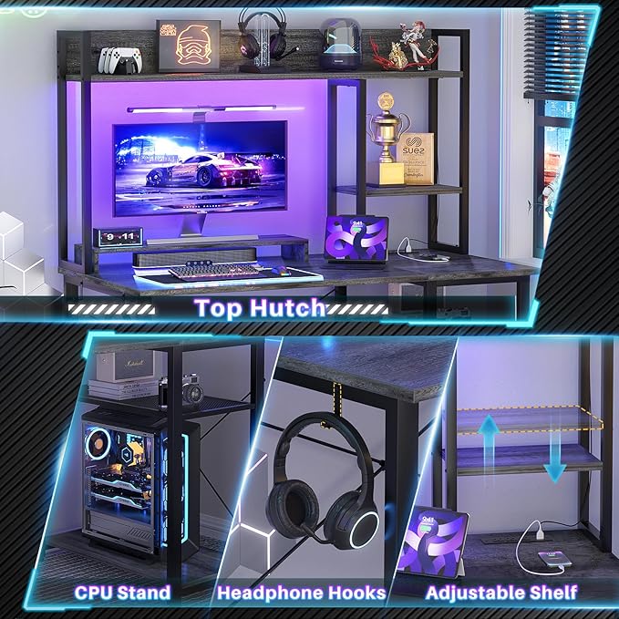 Cyclysio Gaming Desk with Hutch 39'' Computer Desk with LED Lights &amp Power Outlets Home Office Desk with Reversible 5 Tiers Storage Shelves &amp Monitor Stand Small Gaming Table for Small Spac