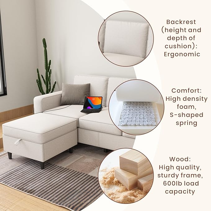Sectional Couches for Living Room - Deep Seater Couch Living Room-Comfy L Shape Modular Sofawith Storage Chaise-Washable Covers-Suitable for Living RoomsApartmentsRooms and Offices-BeigeUSB
