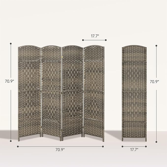 HOMCOM Room Divider 6 Ft 4 Panel Folding Privacy Screen Hand-Woven PP Wall Partition with Pine Wood Frame Freestanding Room Separator for Bedroom Home Office No Assembly Dark Rustic Oak