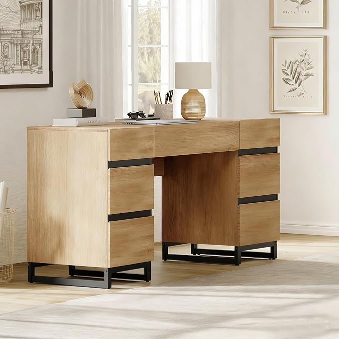 WAMPAT 59 Inch Modern Home Office Desk with Charging Station Wood Computer Writing Desk with 7 Deep Drawers Oak Executive Desk Study Table for Living Room Home Office