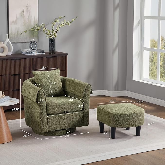 Green Swivel Accent Chair with Ottoman 360° Barrel Chairs with Foot Stool Comfy Reading Chair with Removable Pillow &amp 2 Armrest Covers for Living Room Small Spaces Bedroom Chenille Fabric (Gree