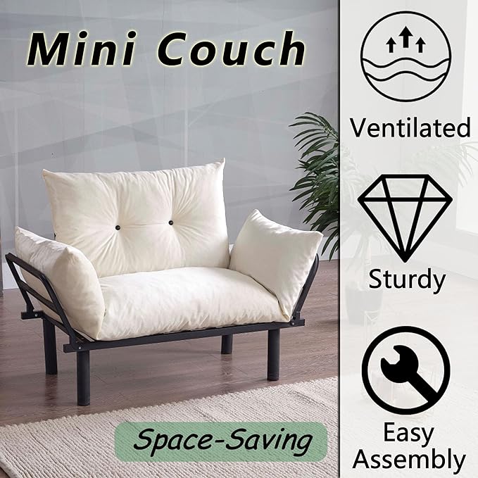 49 Mini Couch with Mattress Included Small Loveseat Sofa Chair for Small Space Oversized Accent Chair and a Half Metal Frame (Cream)