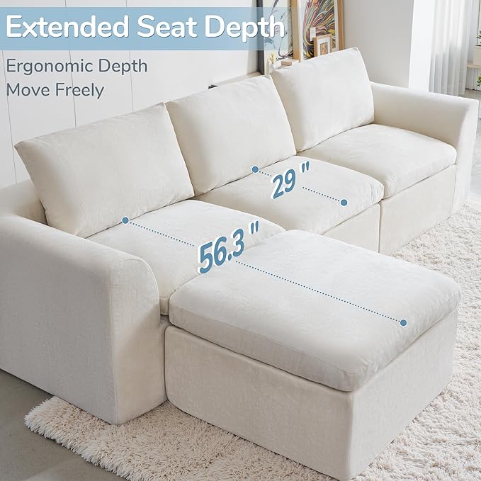 Modern Sectional Cloud Couch - 120'' Soft Modular Sectional Sofa – No Assembly Required - Deep Seat Couches with 2 Movable Ottomans - Oversized Chenille Sofa for Living Room - White