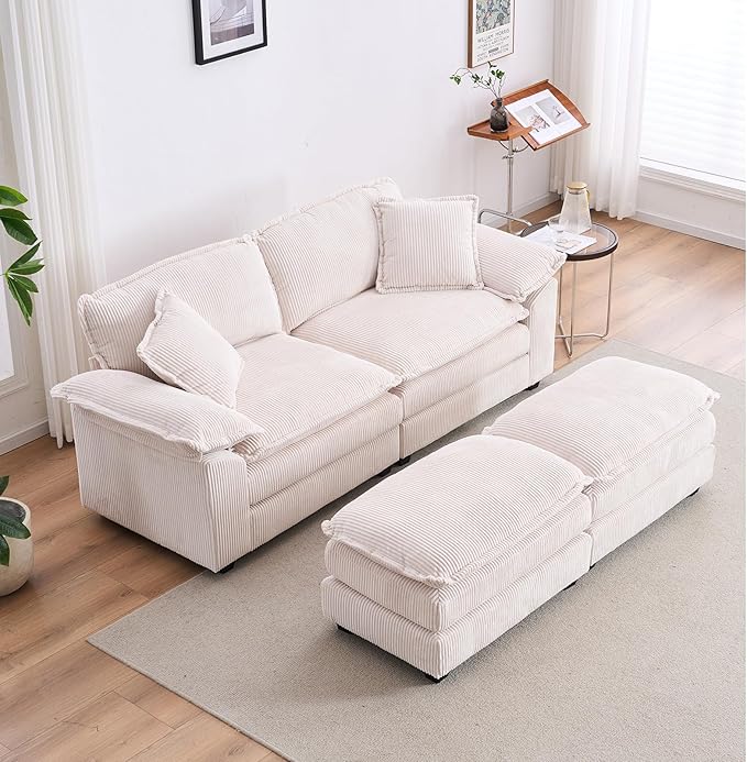 Corduroy Modular Cloud Sofa with Ottoman Comfy 2-Seater Sectional Loveseat Sleeper for Living Room Upholstered Deep Seat Modern Couch &amp 2 Throw Pillows and Detachable Armrest (Off White)
