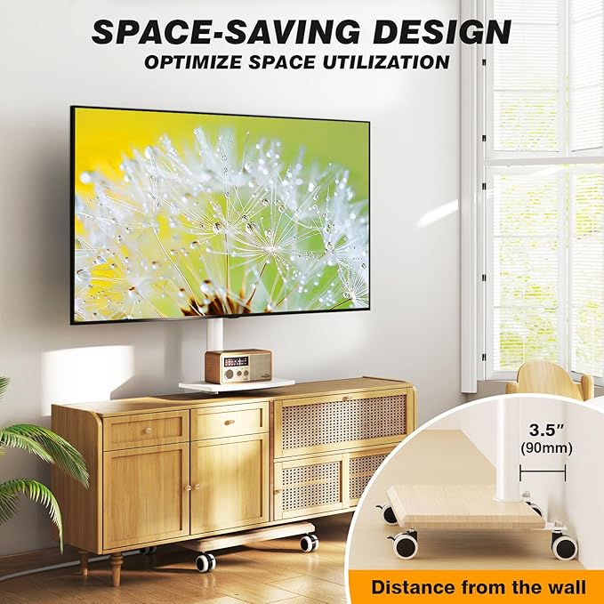 5Rcom Rolling TV Stand with Power Outlet for 32-60 inch TVs Swivel and Height Adjustable Mobile TV Stand with Shelf Strong TV Cart on Wheels up to 88 lbs for Living Room Bedroom and Office White