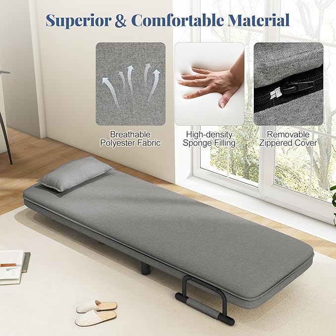Giantex Convertible Sofa Bed 3-in-1 Folding Sleeper Chair with 5-Position Adjustable Backrest Wheels 2 Legs Recliner Chaise Lounge with Pillow Armchairs for Nursery Living Room (Light Gray)
