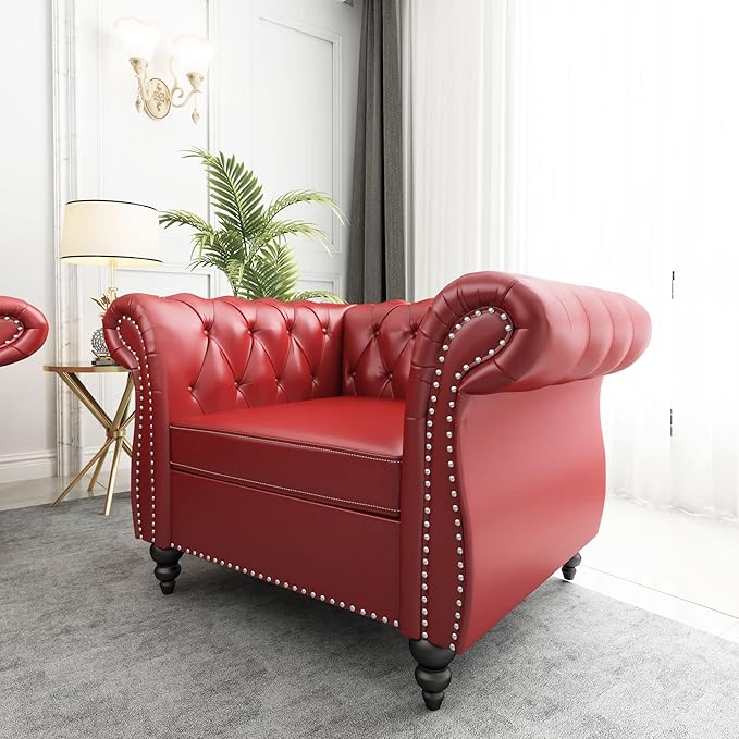 AVZEAR 2-Piece Living Room Sectional Sofa Set Upholstered Sofa Modern Sofa Couches Set Style Button Tufted PU Chesterfield Sofa for Living Room Apartment 1+3 Seat PU Claret