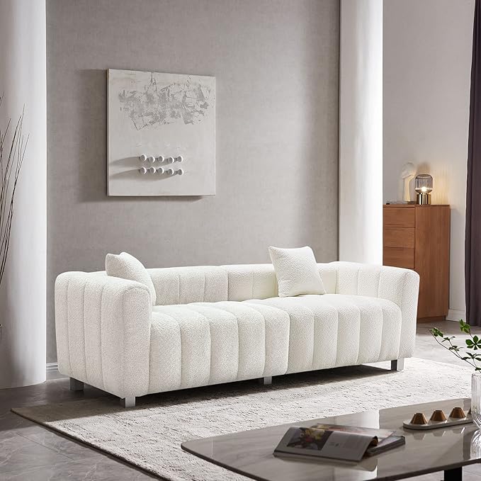 87.4 Modern 3 Seater Boucle Sofa Couch for Living Room Mid Century Fluffy Couches with Solid Wood Frame and 6 Legs for Bedroom Apartment Weight Capacity 750 LBS (White)