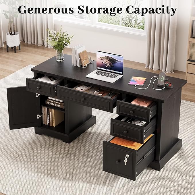 Vipbear 59 Executive Desk Farmhouse Computer Desk with Drawers Lockable File Drawer Storage Cabinet &amp Power Outlet Rustic Home Office Desks Workspace for Work Study Writing Black