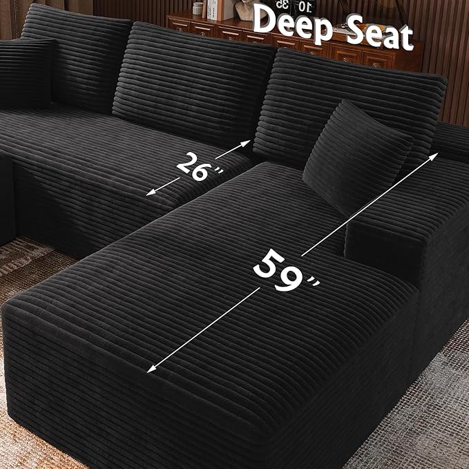 3-Piece Boneless Modular Sectional Sofa Cloud Couch Right Facing Chaise with Ottoman Oversized Deep Seat Soft Corduroy Fabric Sectional Couch for Living Room-Black