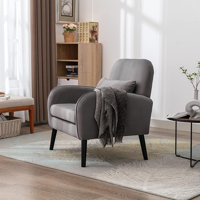 Mid Century Modern Accent ChairSingle Sofa Chair with Solid Wood Legs Comfy Fabric Upholstered Reading Armchair with A Soft Cushionfor Living Room BedroomApartmentOffice (Light Gray)