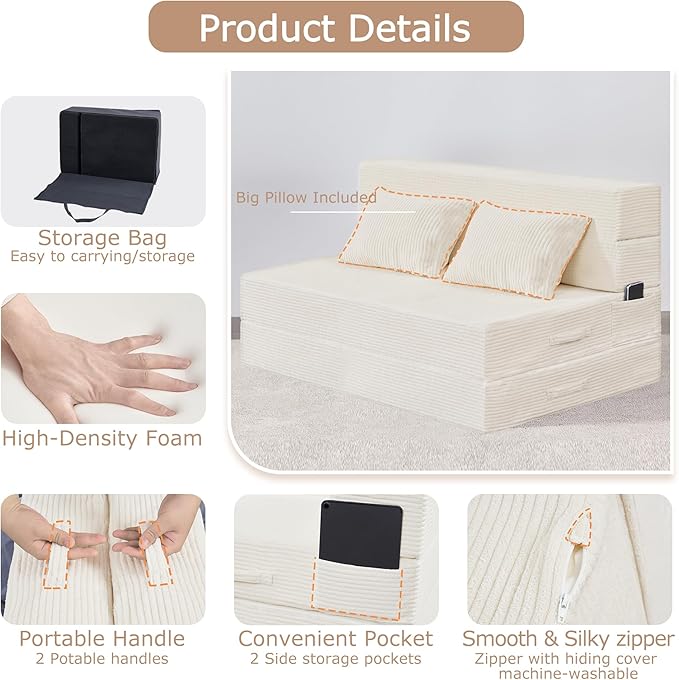 Folding Sofa Bed 4 in 1 Convertible Sleeper Chair with Pillow Twin Memory Foam Fold Out Chair Bed Modern Floor Futon Sofa Couch Mattress for Living Room/Guest/Apartment Beige | Fold out chair bed