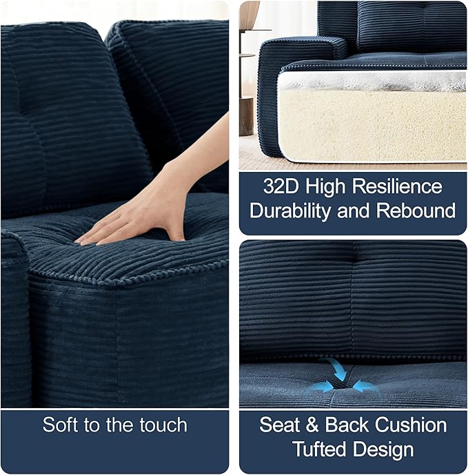 Casaphoria 150'' Blue Corduroy Cloud Couch 4-Seater Boneless Sectional Sofa with 4 Pillows for Living Room Deep Seat Sofa No Assembly Required