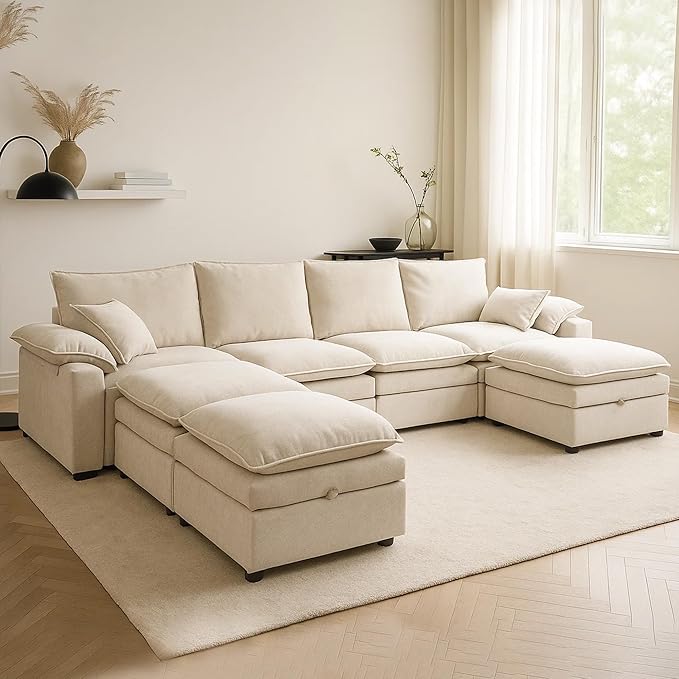 Large U-Shaped Sectional Couch Set - 6/7/8 Seater Oversized Cloud Sofa for Living Room Big Comfy Chenille Fabric Couches Extra Long Modular Sofa Bed Furniture (Beige 7-Seater Sofa)